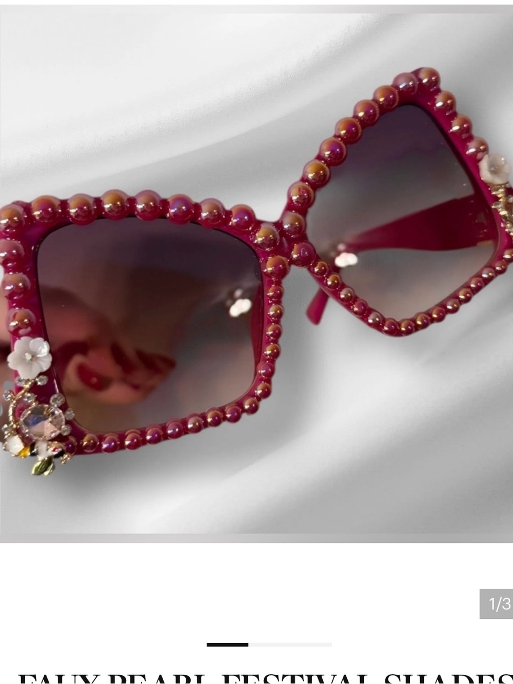 Women's Pink Beaded Square Sunglasses with Floral Accents